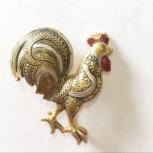 Damascene rooster brooch gold tone black enamel